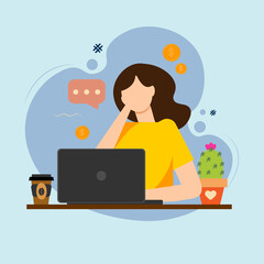 Pretty woman is sitting at desktop. Office employee at the workplace. Work at the laptop. Illustration in cartoon flat style
