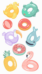 Beautiful and bright circles for swimming in the pool and the sea in the form of different animals and fruits on a white background