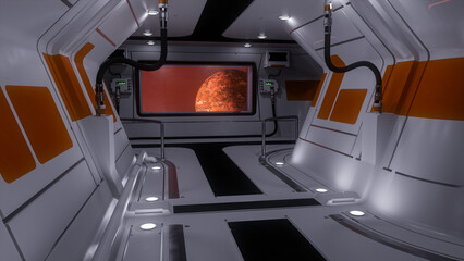 Corridor in a futuristic science fiction space ship or station with a planet seen through a window. 3D illustration.