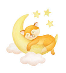A cute fox sleeps on the moon. Baby shower invitation card. Can be used for t-shirt print, poster, baby shower invitation card.