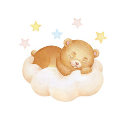 Cute teddy bear sleeps on a cloud. Baby shower invitation card. Can be used for t-shirt print, poster, baby shower invitation card.