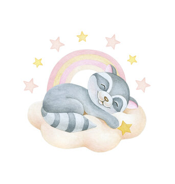 Cute sleeping raccoon. Can be used for t-shirt print, poster, baby shower invitation card.