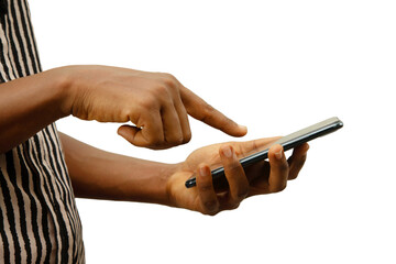 fair hand holding phone and touching screen, mockup, mask, crop, hand touching phone screen on...