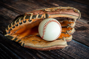 Leather Baseball or Softball Glove With Ball and Copy Space