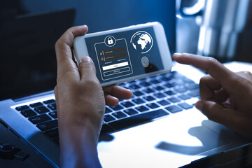User typing login and password on smart phone the concept of cyber security, information security, data protection, and secure access to user's personal information