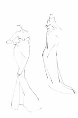 Young women models in evening dress. Fashion illustration, sketch. Vector