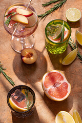 Fruit cocktails  or ice tea with fruits ,ice and herbs. Summer refreshing beverage.
