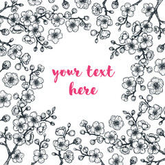 Sakura flowers hand drawn sketch. Vector illustration. Sakura blossom frame. Floral background. Japanese spring.