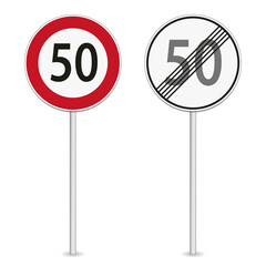 vector illustration of 50 km per hour speed limit traffic sign isolated on white background - obrazy, fototapety, plakaty