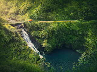 Makapipi Falls of Maui, the Road to Hana in Hawaii. Beautiful waterfall underneath the highway...