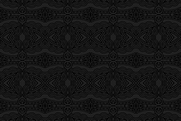 Vintage embossed black background, exotic cover design. Geometric decorative 3D pattern, ethnic texture in hand drawn style. Oriental, Asian, Indian, Mexican, Aztec, Peru motifs.