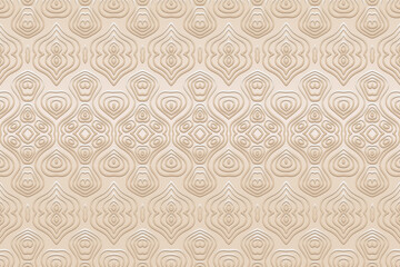 Minimalistic satin embossed light background, exotic cover design. Geometric elegant 3D pattern, ethnic texture in hand drawn style. Oriental, Asian, Indian, Mexican, Aztec, Peru motifs.
