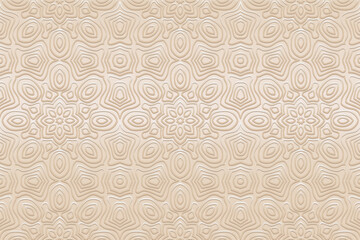 Minimalistic satin embossed light background, exotic cover design. Geometric delicate 3D pattern, ethnic texture in hand drawn style. Oriental, Asian, Indian, Mexican, Aztec, Peru motifs.