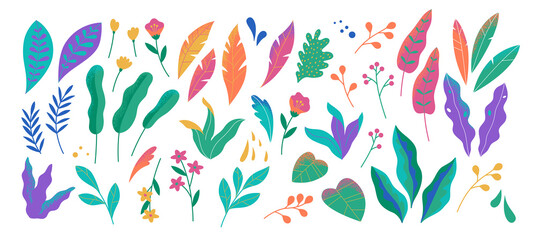 Botanical futuristic leaves and flowers isolated on a white background. Abstract modern foliage collection. Vector modern illustrations in flat style.