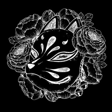 recommend clip art: Kitsune mask with pion flowers hand drawn vector illustration. Traditional japanese demon. Tattoo print. Hand drawn illustration for t-shirt print, fabric and other uses.