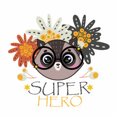 Cute hand drawn decorative color vector illustration. Cute raccoon character with flowers on his head. Raccoon and flowers on a white background. T-shirt design idea.