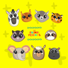 Cartoon animal heads bundle. Modern concept of vector illustration for kids cards, banners and invitations. Hand drawn vector illustration.
