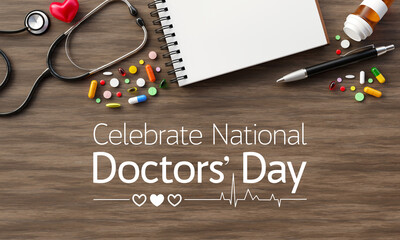 National Doctors' Day is a day celebrated to recognize the contributions of physicians to individual lives and communities. The date may vary from nation to nation. 3D Rendering