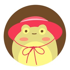 Obraz premium Cute frog illustration in circle for you cards, avatars and other designs. Icon of frog isolated on white background. Frog in the hat.