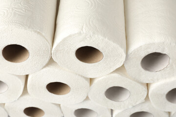 Rolls of paper towels as background, closeup view
