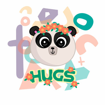 Cute hand drawn decorative color vector illustration. Cute, stylish panda with a flower wreath on his head, cute style illustration. Panda and flowers on a white background. T-shirt design idea.