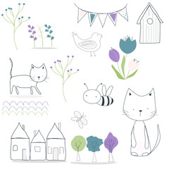 set of cats , bird ,bee,flowers, trees and house.