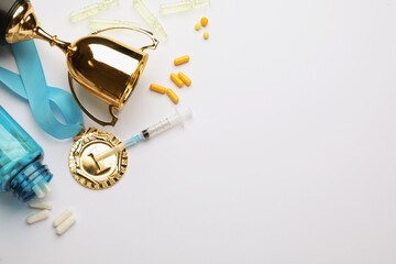 Flat lay composition with drugs on white background, space for text. Doping control