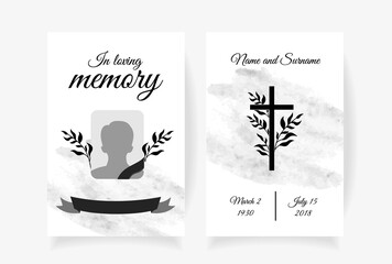 Funeral card template design with branches place under photo cross name and dates of death. Vector illustration in black and white