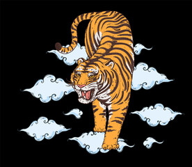 Tiger in clouds climbing down. Vintage illustration with wild cat. Year of the tiger. Hand drawn vector illustration.