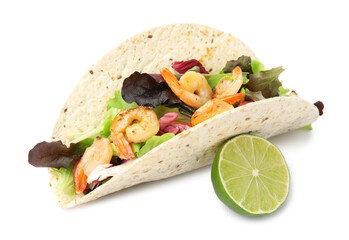 Delicious taco with shrimps and lime on white background