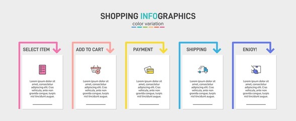 Concept of shopping process with 5 successive steps. Five colorful graphic elements. Timeline design for brochure, presentation, web site. Infographic design layout.