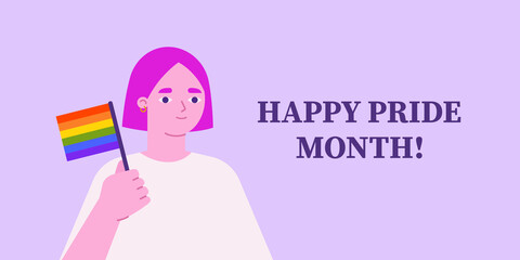 Happy pride month. Female holding rainbow flag