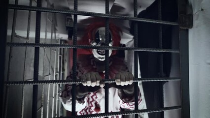 The scary clown is locked behind iron bars. The psychopathHysteria