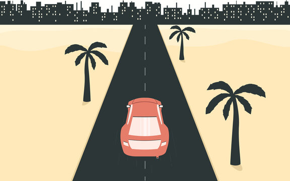 The car is driving along the road towards the city. Automobile and urban landscape art. Vector illustration of sports car, road, palm trees and city.