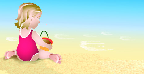 little girl on the beach playing with sand. vector Illustration