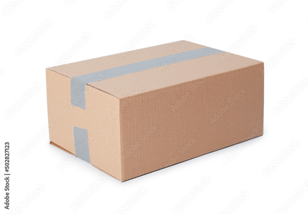 Wall mural one closed cardboard box isolated on white