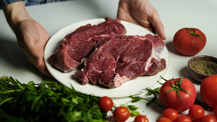 A man cooks a beef steak in a home kitchen. Pepper steak. Raw steak. Raw meat