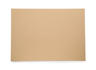 Sheet of brown paper on white background, top view