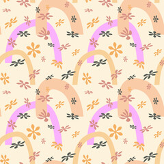 Floral rainbow seamless pattern, hand drawn bono minimal art, doodle cartoon childish style, pink lilac yellow pastel color palette. White cream easy editable color background. Vector