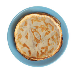 Stack of delicious crepes on plate against white background, top view