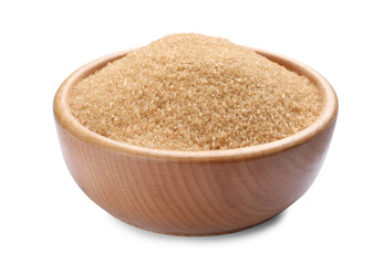 Brown sugar in wooden bowl isolated on white