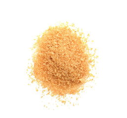 Pile of brown sugar on white background, top view