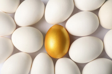 Golden egg among ordinary ones on white background, top view