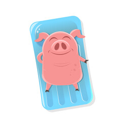 funny illustration of a cartoon pig lying on an air mattress