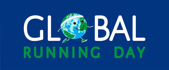 Global running Day in June vector banner, poster, template with the cartoon Earth planet jogging in sport shoes at navy blue background. Healthy lifestyle symbol for t-shirt, flyer, event invitation