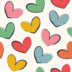 Seamless pattern with hearts. Vector background in retro color palette. - 502827987