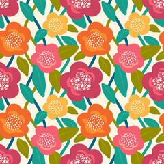 Seamless pattern with flowers in retro style. Vector floral background in cute color palette. - 502827991