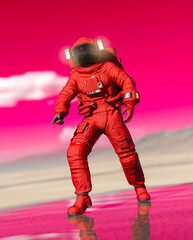 astronaut is discovering water with reflection on water in the desert of another planet after rain