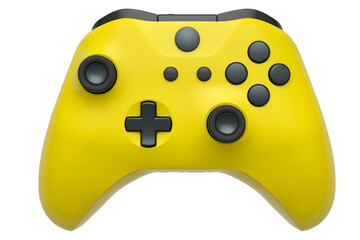 Realistic yellow video game joystick on white background