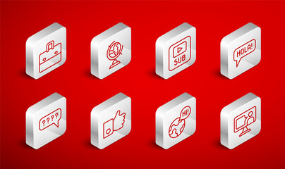 Set line Foreign language online study, Earth globe, Video with subtitles, Hola different languages, Learning foreign, Briefcase, Hand like and Speech bubbles Question icon. Vector © vector_v
